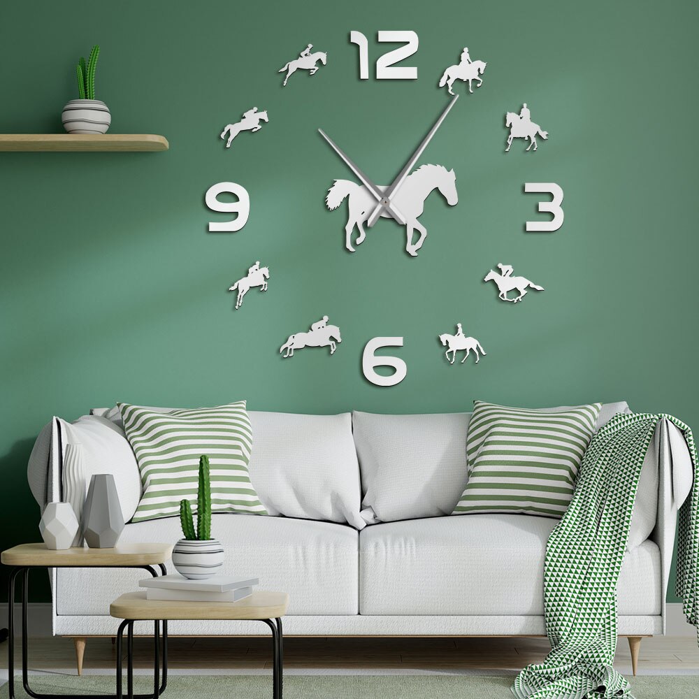 Reit Quarz Uhr Batterie Betrieben Selbst Klebe DIY 3D Wanduhr Reiten Große Nadeln Spiegel Effekt Hause Dekor