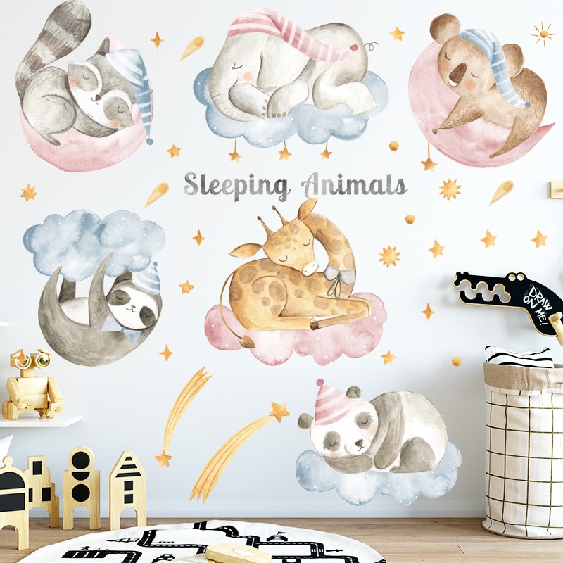 Cartoon Dier Baby Slapen Muurstickers Panda Olifant Muurstickers Voor Kinderkamer Play Room Baby Nursey Thuis Decoartion
