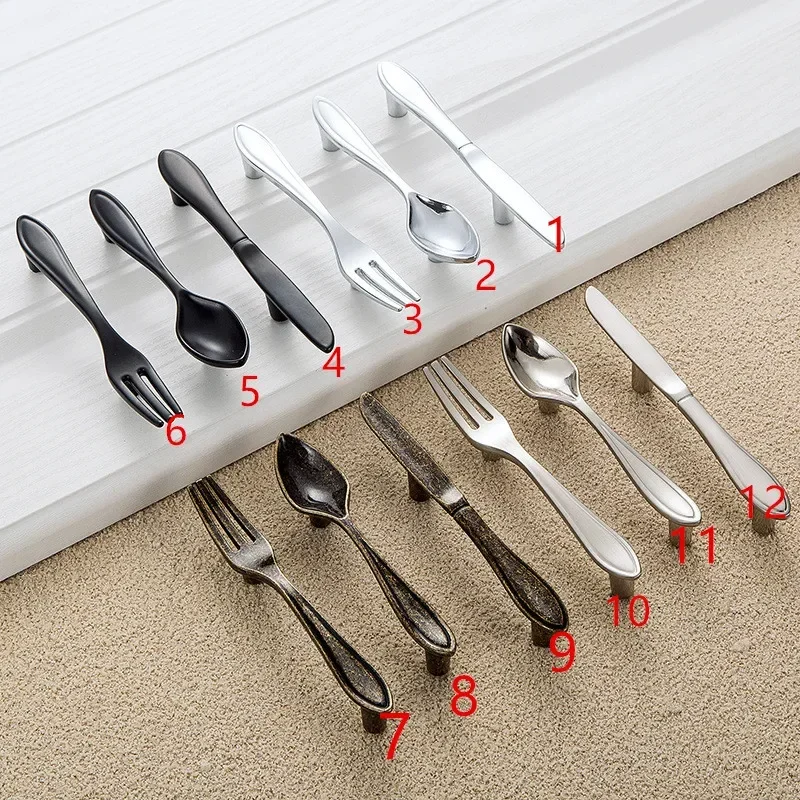 1Pc Creatieve Mes Vork Lepel Zink Legering Keukenkast Handgrepen Kast Lade Knoppen Meubelgrepen Hardware