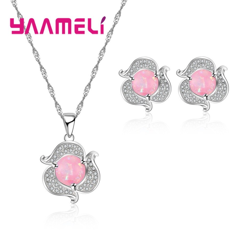 925 Sterling Silver Two Colors Opal Stone Pendant Necklace Earrings Jewelry Sets For Women Ladies Clear Cubic Zirconia: pink