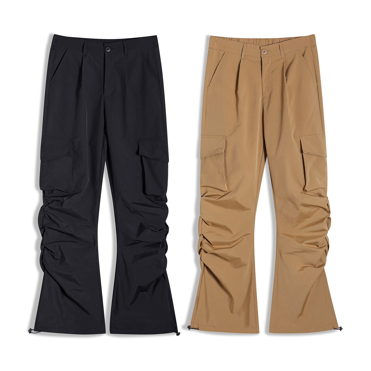 Pantalones acampanados plisados de color caqui para hombre y mujer, peto acampanado de estilo Hip Hop con múltiples bolsillos y cordón, 2022