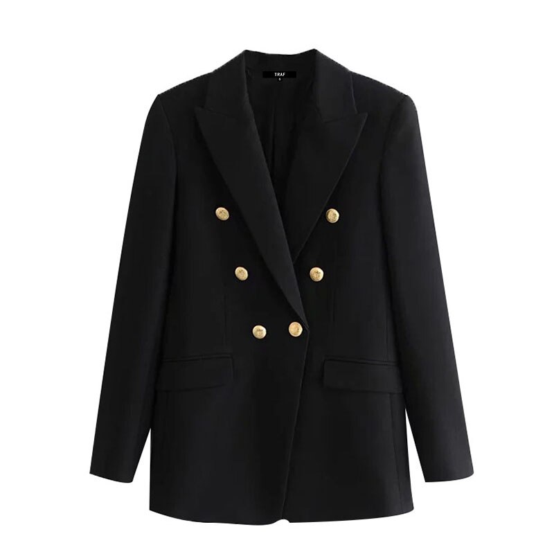 Blazer preto vintage com bolsos manga longa traf, veste feminina chique: L