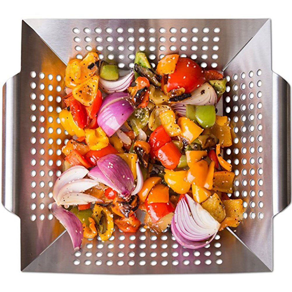 Barbecue Grill Pan Baking Tray Stainless Steel Square Vegetable Grill Basket BBQ Grid Topper Veggies Barbecue Wok Tool