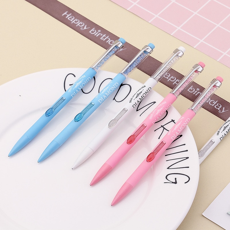 Stylo mécanique diamant mignon Kawaii, 0.5mm, crayon automatique rose blanc bleu pour enfants élèves, fournitures scolaires et de bureau