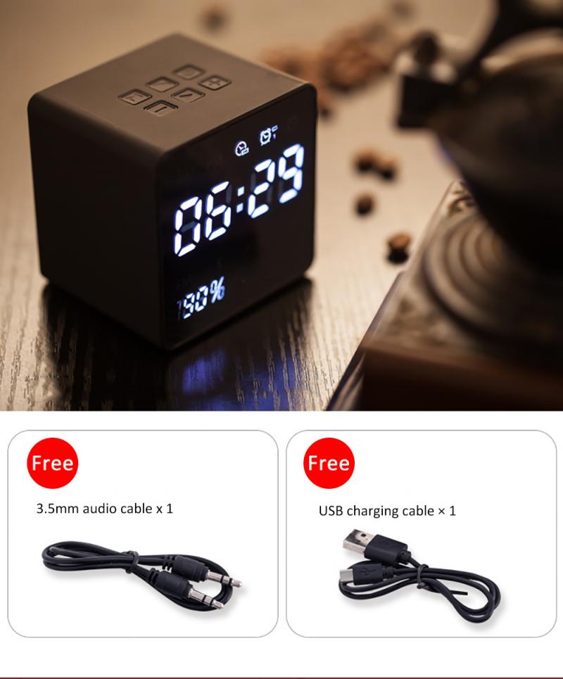 Bluetooth Speaker With FM Radio LED Mirror Alarm Clock Subwoofer Music Player Snooze Desktop Clock Wireless