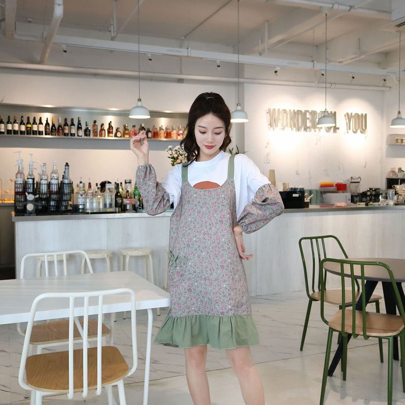 Delantal de algodón cocina hogar impermeable y a prueba de aceite bonita con flores delantal vestido estilo uniforme flor café uniforme