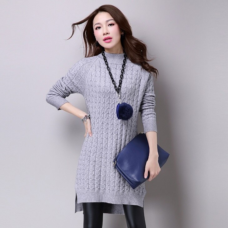 Kabel Gebreide Trui Jurk Vrouwen Herfst Winter Vintage Split Side Vent Effen Kleur Gebreide Truien Jumpers Mini Trui Jurk: Grey / M