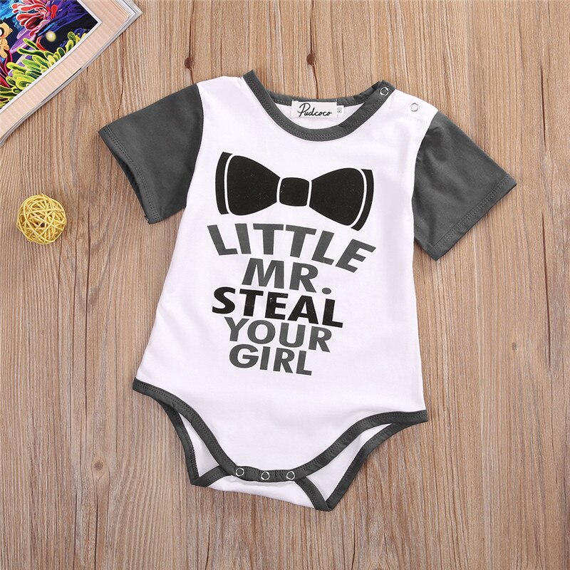Funny Letter Print Infant Baby Kids Clothing Cotton Bodysuits Short Sleeve Jumpsuit Baby Boys Girls Gray Clothes Outfit
