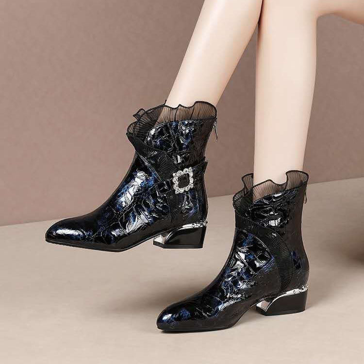 Bottes courtes en cuir verni pour femme, bottes thermiques pointues à talon épais, tube moyen, style, automne hiver
