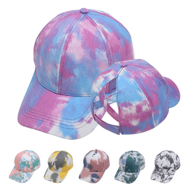 Vrouwen Gradiënt Tie-Dye Baseball Cap Hollow Criss Cross Paardenstaart Gat Trucker Hoed X7YA