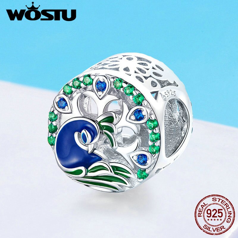 WOSTU Elegante 925 Sterling Silber Pfau Glück Perlen Charms Fit DIY Armband Anhänger Für Frauen Hochzeit Luxus Schmuck CTC037