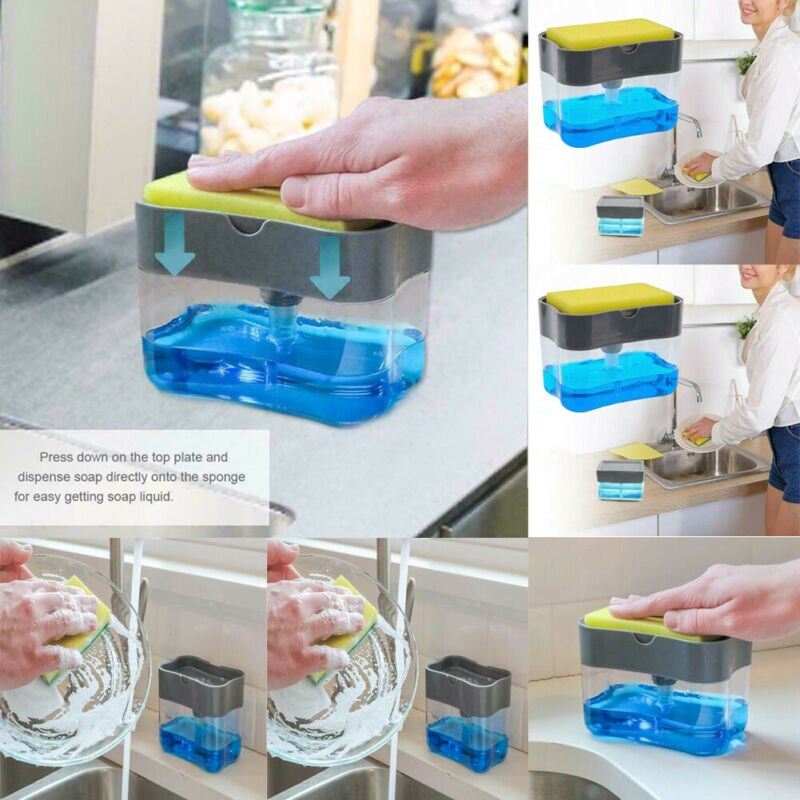 2-In-1 Handpers Zeepdispenser Zeepdispenser Pomp Spons Keuken Badkamer Met Spons