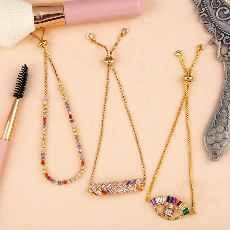 Flola Regenboog Evil Eye Armband Vrouw Zirconia Blue Eye Armband 24K Gold Turkse Eye Sieraden Tennis Pulseira Olho Grego brtb64