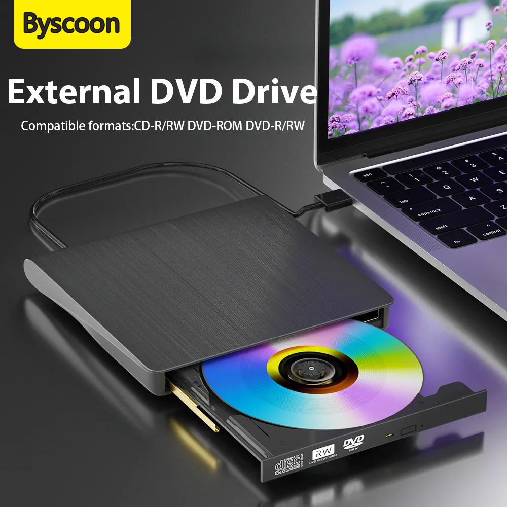 Byscoon External DVD Drive for Laptop PC CD Player USB 3.0 Optical Drive CD Burner Compatible with Windows 10 11 Linux Mac OS