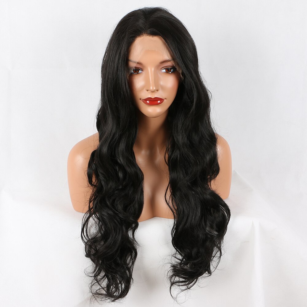 Perruque Lace Front Wig synthétique sans colle | Perruque fantaisie Beauty Black # 1B, perruque ondulée naturelle longue et souple, perruque résistante à la chaleur pour femmes
