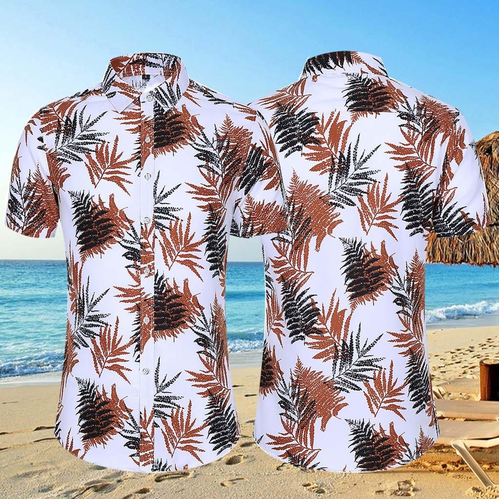 Camiseta informal de para hombre, de manga corta Camiseta holgada hawaiana con cuello vuelto estampada, camisa masculina