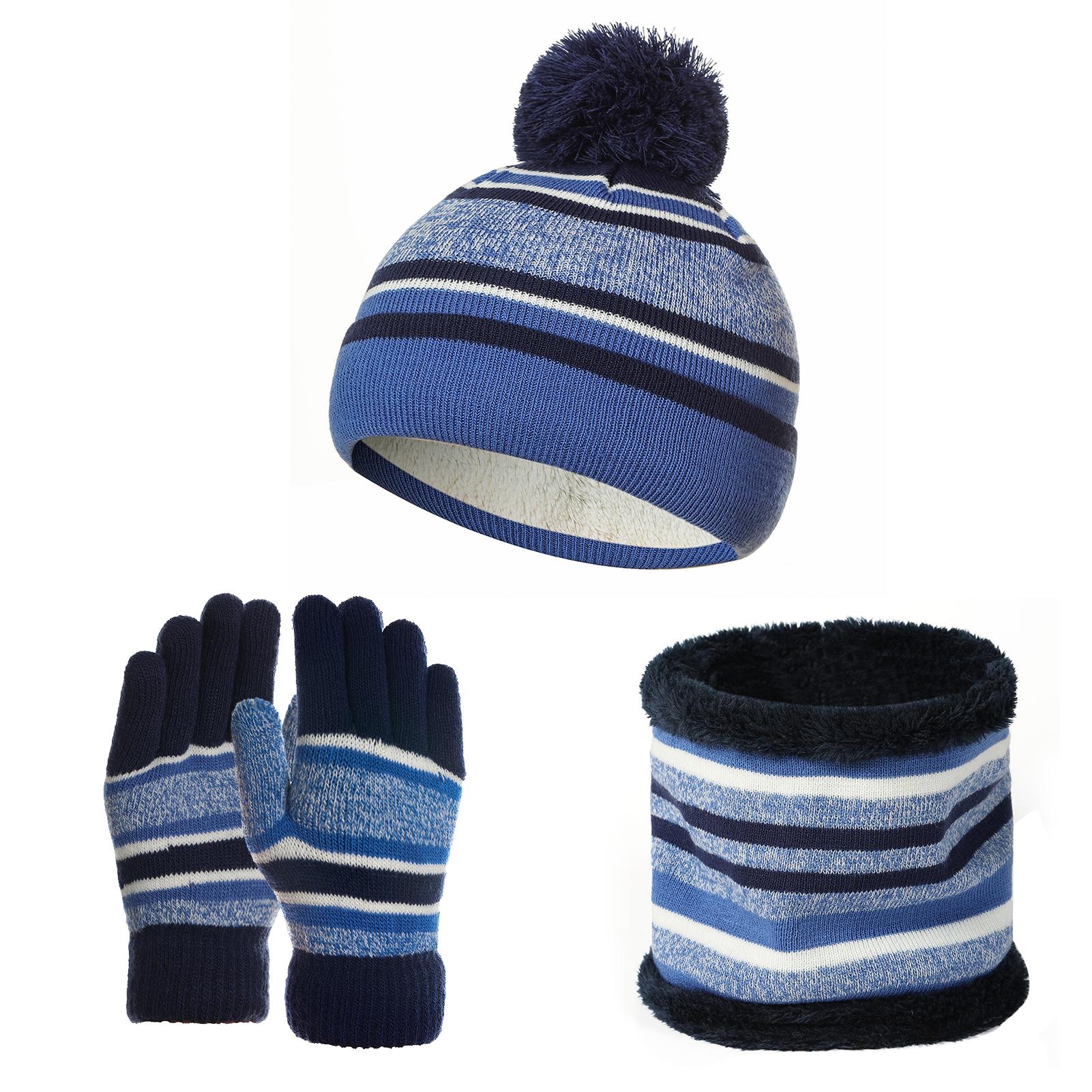Conjunto de guantes y gorros de invierno para niños, conjunto de 3 piezas de algodón y lana, con pompón de punto, cálido