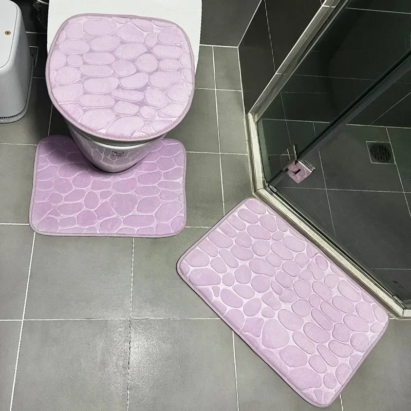 3PCS/Set Non-slip Soft Bath Mat Toilet Cover Carpet Cobblestone Embossed Floor Mat Bathroom Absorb Water Can Be Washed 욕실 매트: Blue