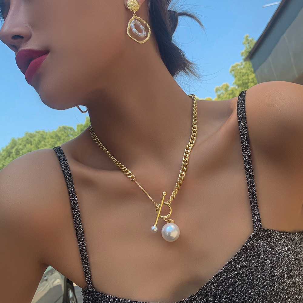 KMVEXO Trend Hip hop Gold Plated Thick Chain Metal Ball Long Chain Clavicle Necklace for Men Women Girls Party Jewelry