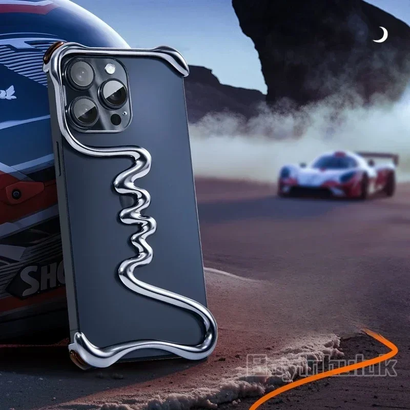 Oatsbasf Metal Phone Case for iPhone 14 15 16 Pro Max Bazel-Less Phone Protective Cover Air Cusion Anti Bumper Slim Case: For iPhone 16 Pro Max / Blue