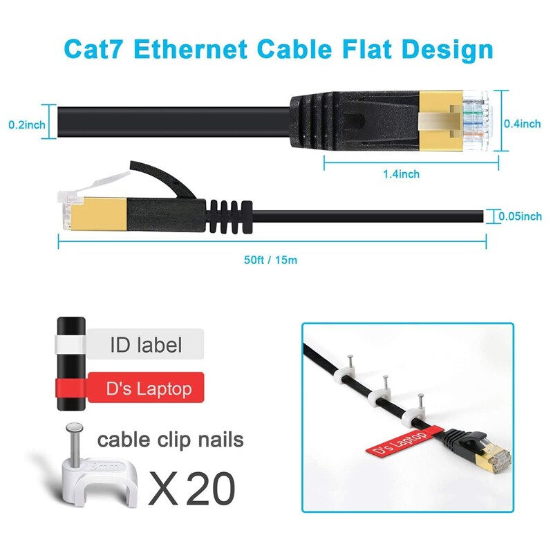 Ethernet Cable,for Cat 7 Gigabit Lan Network RJ45 High-Speed Patch Cord Flat 10Gbps 600Mhz for PC, Router, , Black