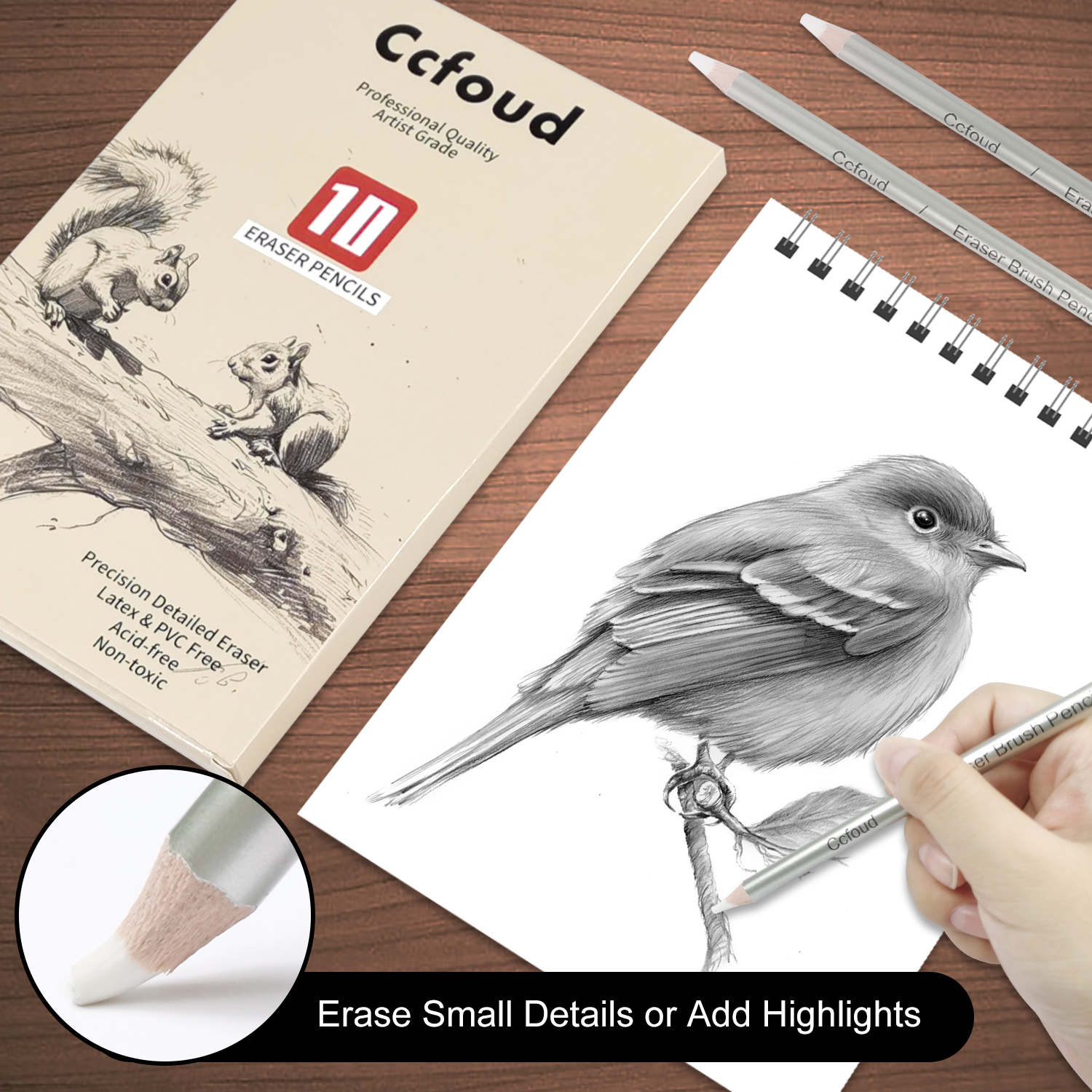 Detail Eraser Pencil-3/5/10pcs Eraser Pencils with Brush,Erasing Small Details or add Highlights for Charcoal Pencil Drawings