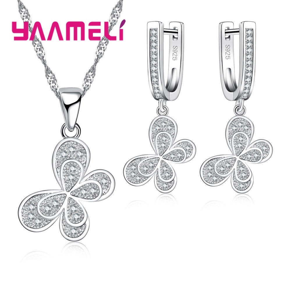 925 Sterling Silver Jewelry Sets For Women Cubic Zirconia Inlay Paved Butterfly Bridal Necklace Earrings