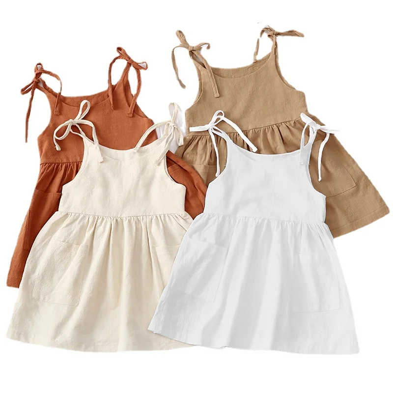 Abito estivo da bambina per bambina Abito da spiaggia per bambini in cotone senza maniche con tasca