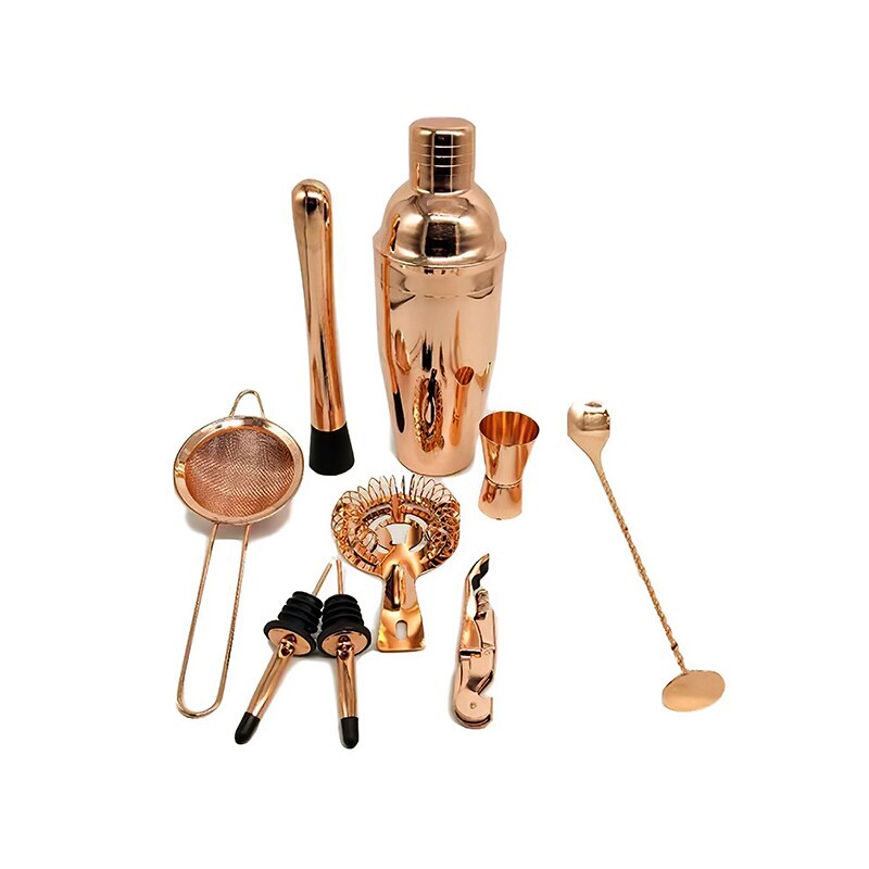 Galvaniseren Rose Gold Rvs Barman Kit Cocktail Shaker Rvs Shaker Houten Stand 11 Delige Set