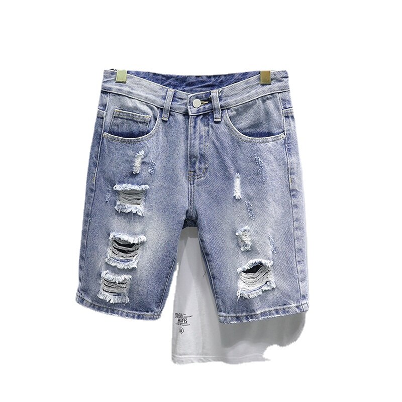 Summer Male Ripped Hole Destroyed Light Blue Denim Shorts Streetwear Jeans Five Points Pants Comfortable Men Clothing