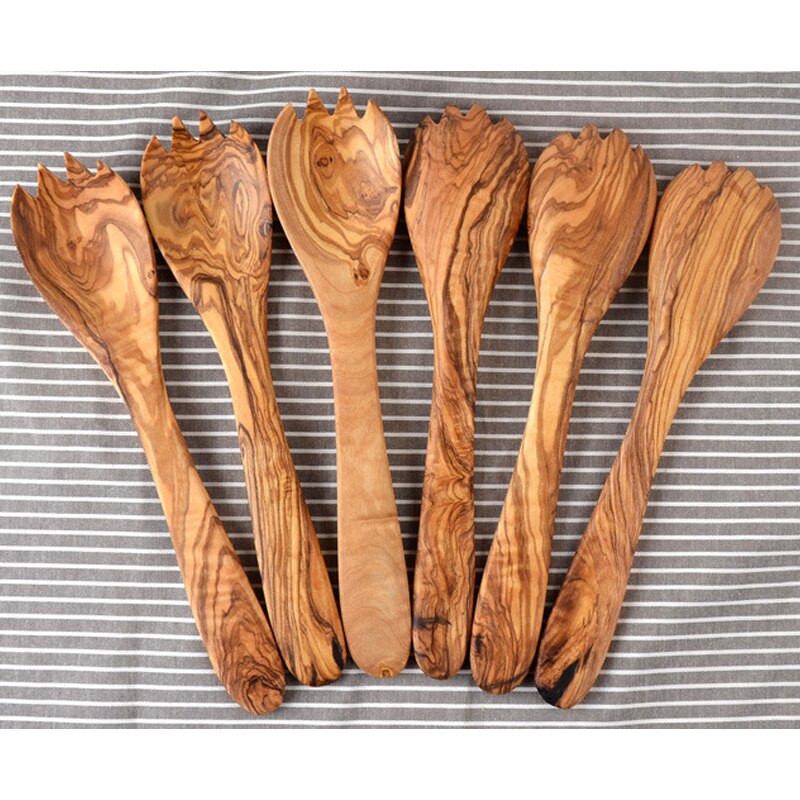 Olijf Houten Lepel Vork 1 Set Real Olivewood Servies Mengen Salade Tool Natuurlijke Salade servers