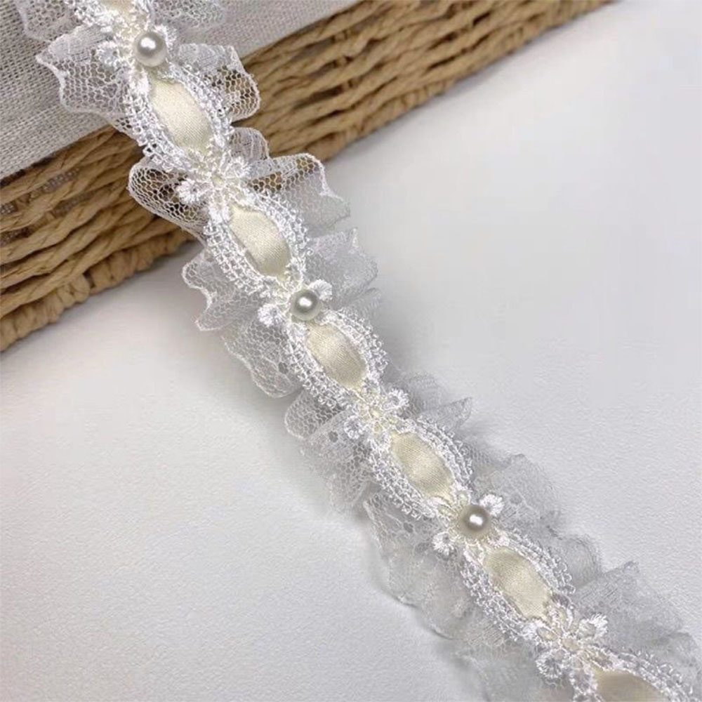 1 yarda de encaje de tul de Lolita, adornos con volantes, ribete de tela, cinta de satén, ropa para muñecas DIY, cortina, decoración de muebles, 3,5 cm de ancho: Beige