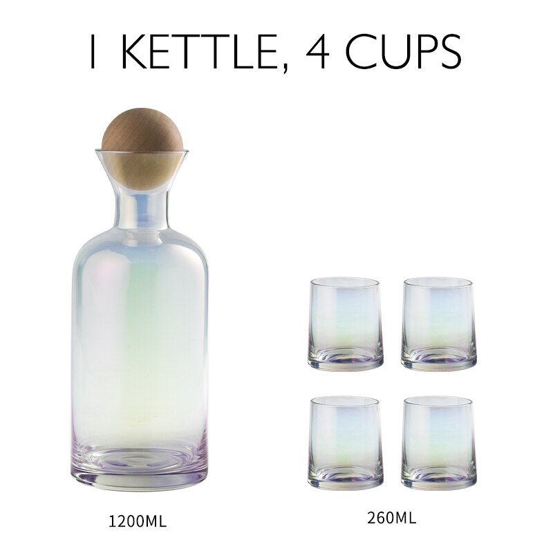 JINYOUJIA Nordic Glass Carafe Water Pitcher with Wood Lid Kettle Drinking Cup Tea Pot Juice Jug Household Drinkware: COLOR 4 cup set