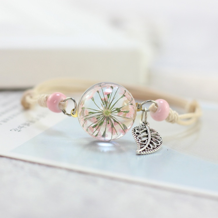 LKO Glass Bracelet Weave Lucky Flower Bracelets Handmade Dandelion Woven Dried Flowers Glass Beads Bracelet Women Jewelry