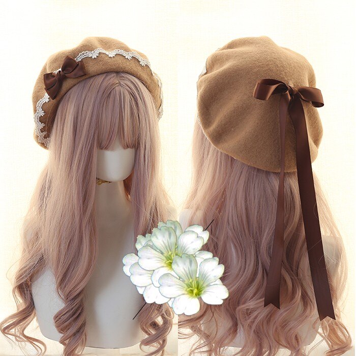 Japanse Meisje Kawaii Baret Hoed Lolita Tiener Hart Zoete Wollen Handgemaakte Leuke Lace Strik Warm Winter Schilder Hoed Hoofdtooi: light brown