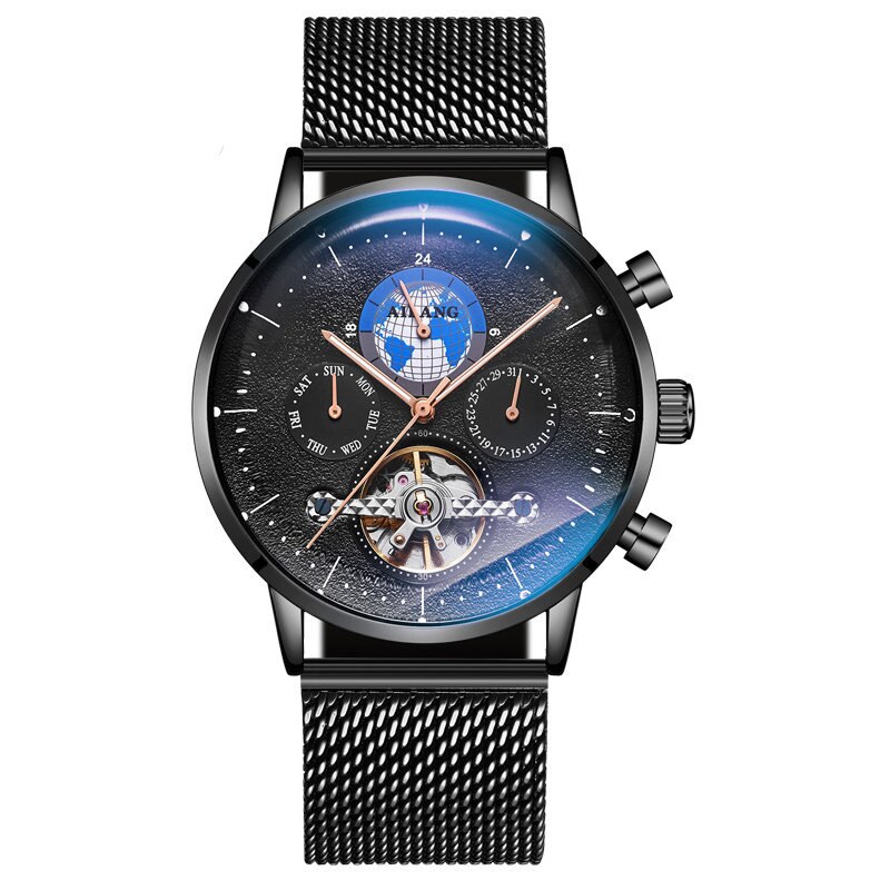 Ailang 2022 Mannen Business Tourbillon Automatische Mechanische Horloges Gradiënt Mannen Lederen Waterdichte Band 8613B: Mesh Black