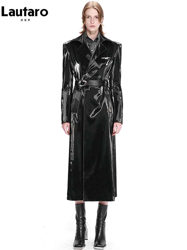 Lautaro autunno lungo nero impermeabile riflettente Trench in pelle verniciata per cintura donna doppio petto moda europea 2022