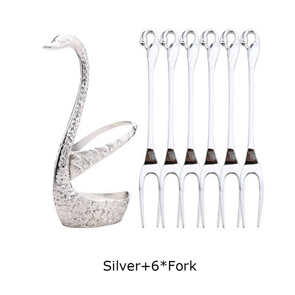 Base de cisne romántica, 7 piezas, vajilla de acero inoxidable para ensalada, postre, fruta, tenedores, cucharas de café, vajilla de cena, herramientas de cocina: Silver 6 Fork
