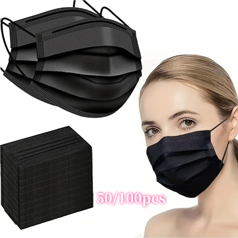 100 stuks zwarte wegwerp gezichtsmaskers 3-laags ademend anti-stof beschermende maskers voor dagelijks reizen werkgebruik gezichtsverzorging accessoire
