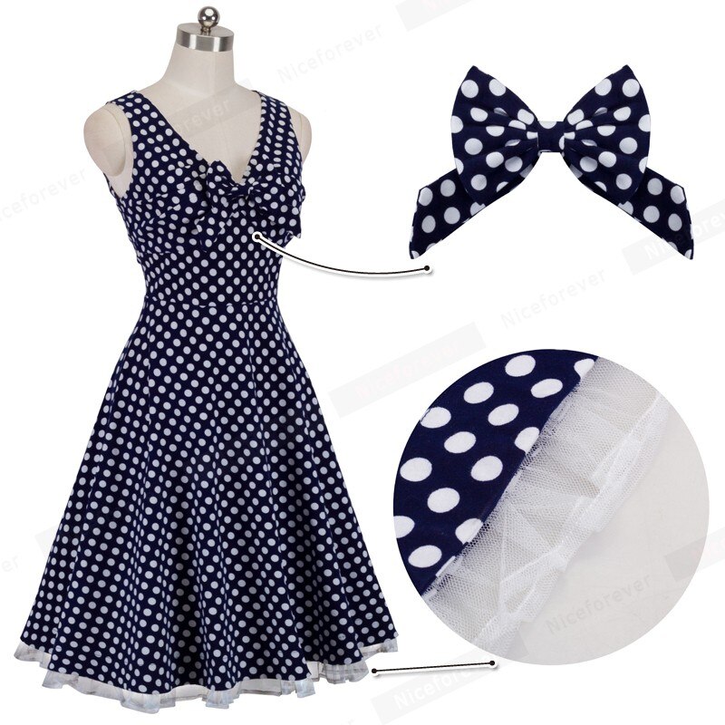 Nice-forever sommer kvinder 1950 retro polkaprikkede kjoler fest a-line blusset kvindekjole  a007