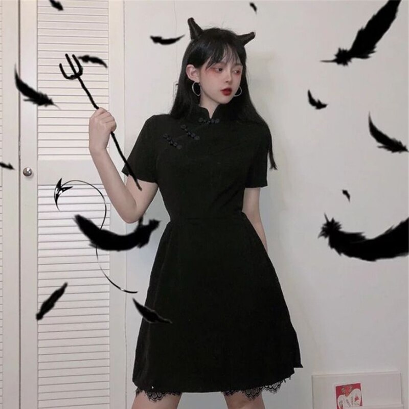 Japonais Harajuku Vintage gothique Lolita robes noir mince Style chinois Cheongsam robe