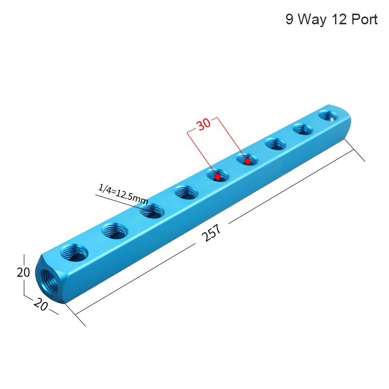 Air Manifold Distributor 1/4" PT Thread Port 2 3 4 5 6 7 8 9 Way Pneumatic Quick Plug In Connector Hose Aluminum Block Splitter: 9 Way 12 Port