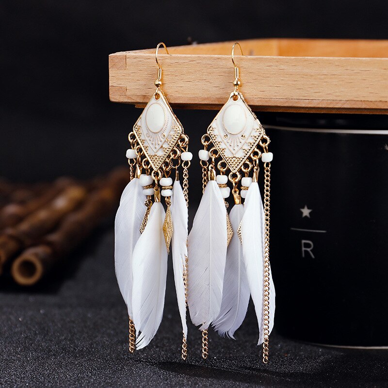 Etnische oorbellen met veren, damessieraden, bohemian zomerse metalen oorbellen met lange kwastjes, indiase sieraden: Dx027-5