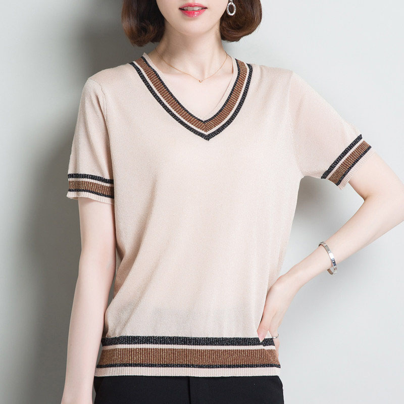 Sommer kvinner is silke gensere topper kortermet v-hals kvinnelig pull genser dame casual kul topp femme tynne gensere: Beige