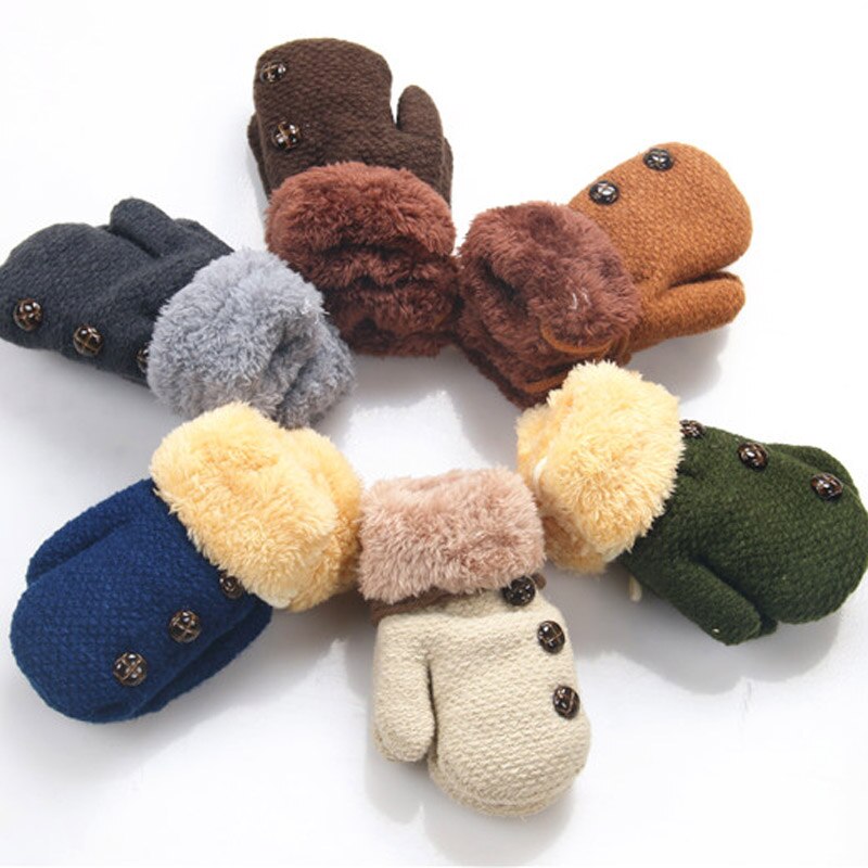 Knitted Full Finger Winter Gloves Kids Wool Warm Boys Children's Mittens Solid Color Rope Glove Girls Button Decoration