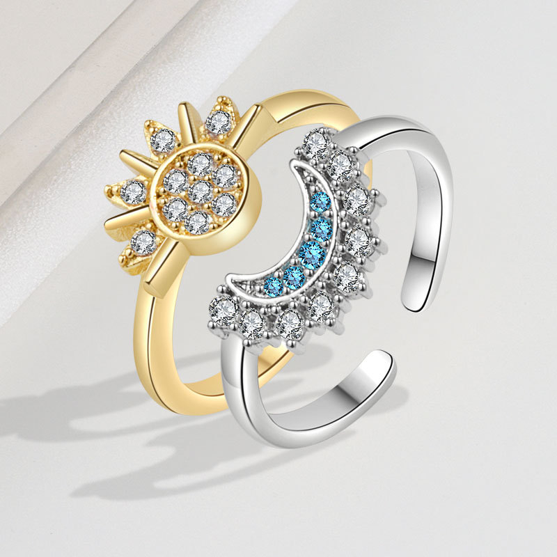 YILUOCD-Anillos de pareja ajustables con sol y luna brillantes, anillo de promesa abierto con circonita cúbica, joyería de compromiso apilable, del día 2024