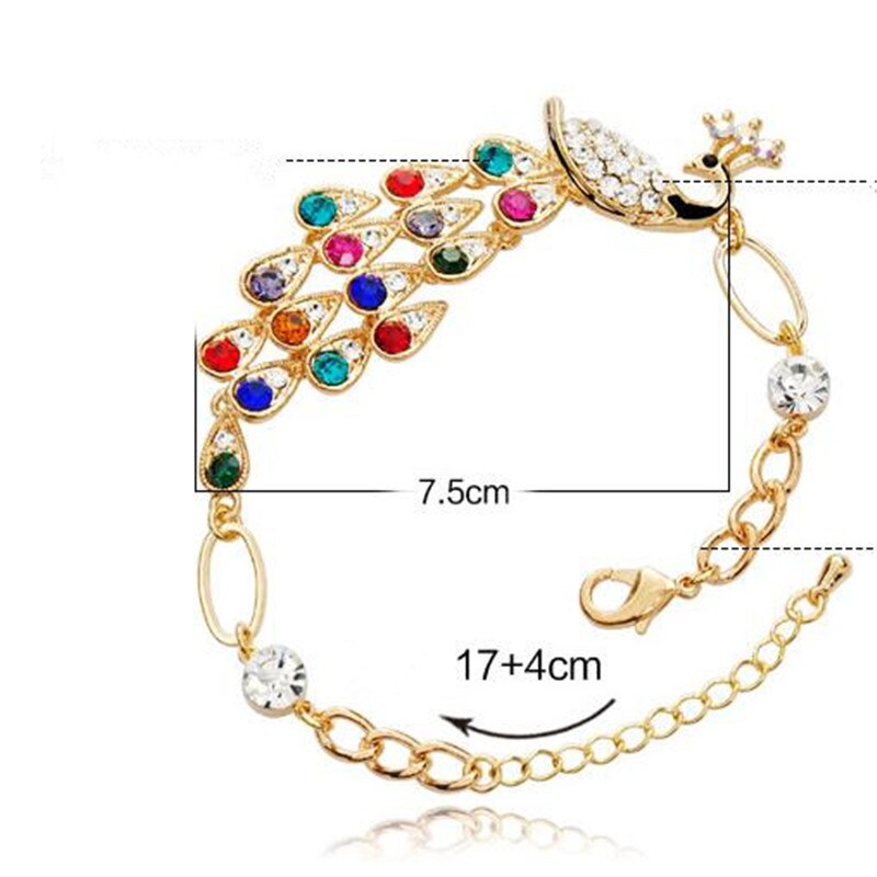 Charm Goud Legering Kleurrijke Pauw Armband Mujer Rainbow Bangles Crystal Sieraden Armband Voor Vrouwen Armbanden