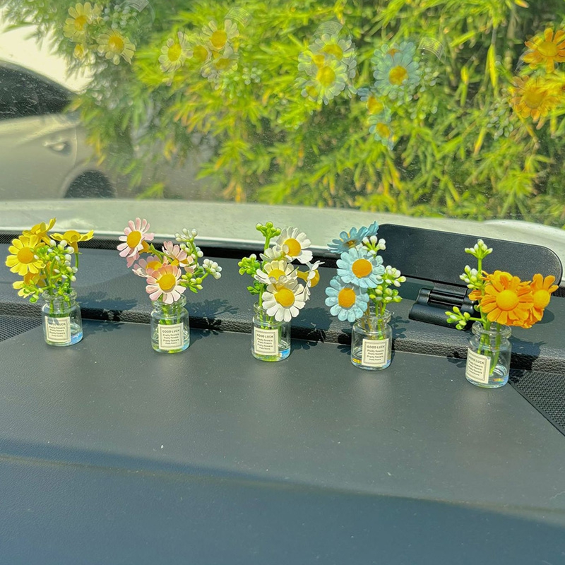Decoración de consola central Interior de coche, bonito florero Sakura Gypsophila, adornos para salpicadero Interior de coche, decoración de escritorio para el hogar: Oro