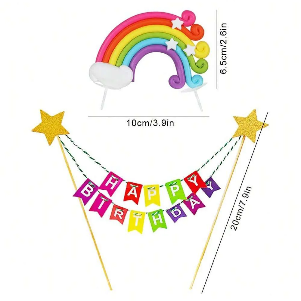 Gratulerer med dagen bannertopper håndlaget cupcake-topper inkludert fargerike regnbueskyer ballongstjerner valg festdekorasjon