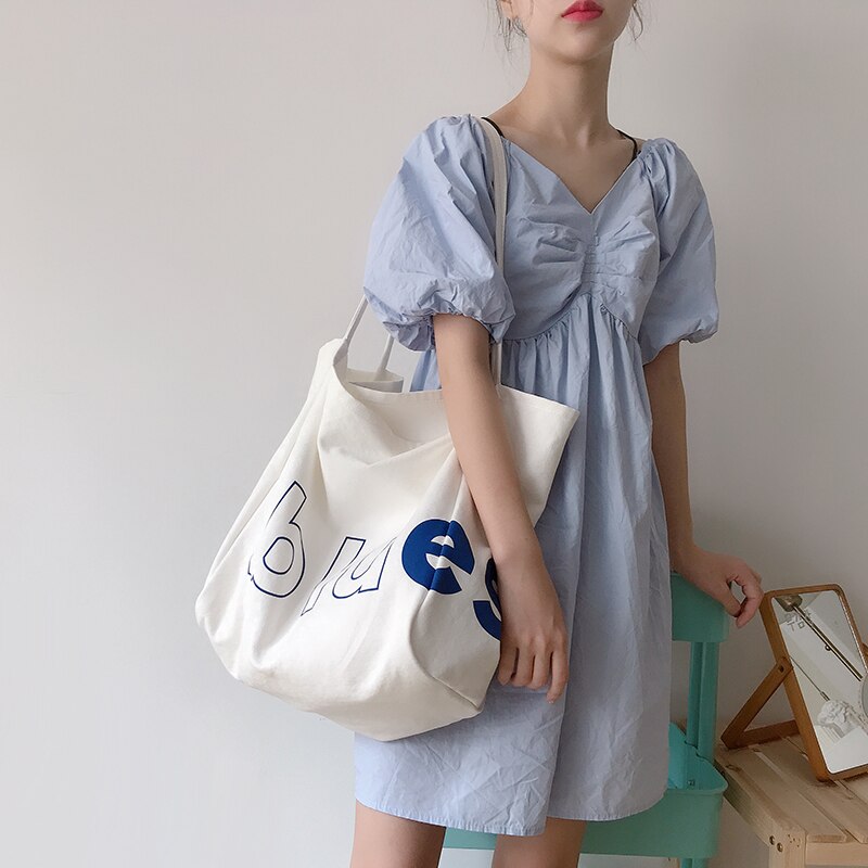 Women Canvas Alphabet Shoulder Bag Large Capacity Simple Totes Female Casual Cotton Cloth Handbags Girls Shopping School Bags: White